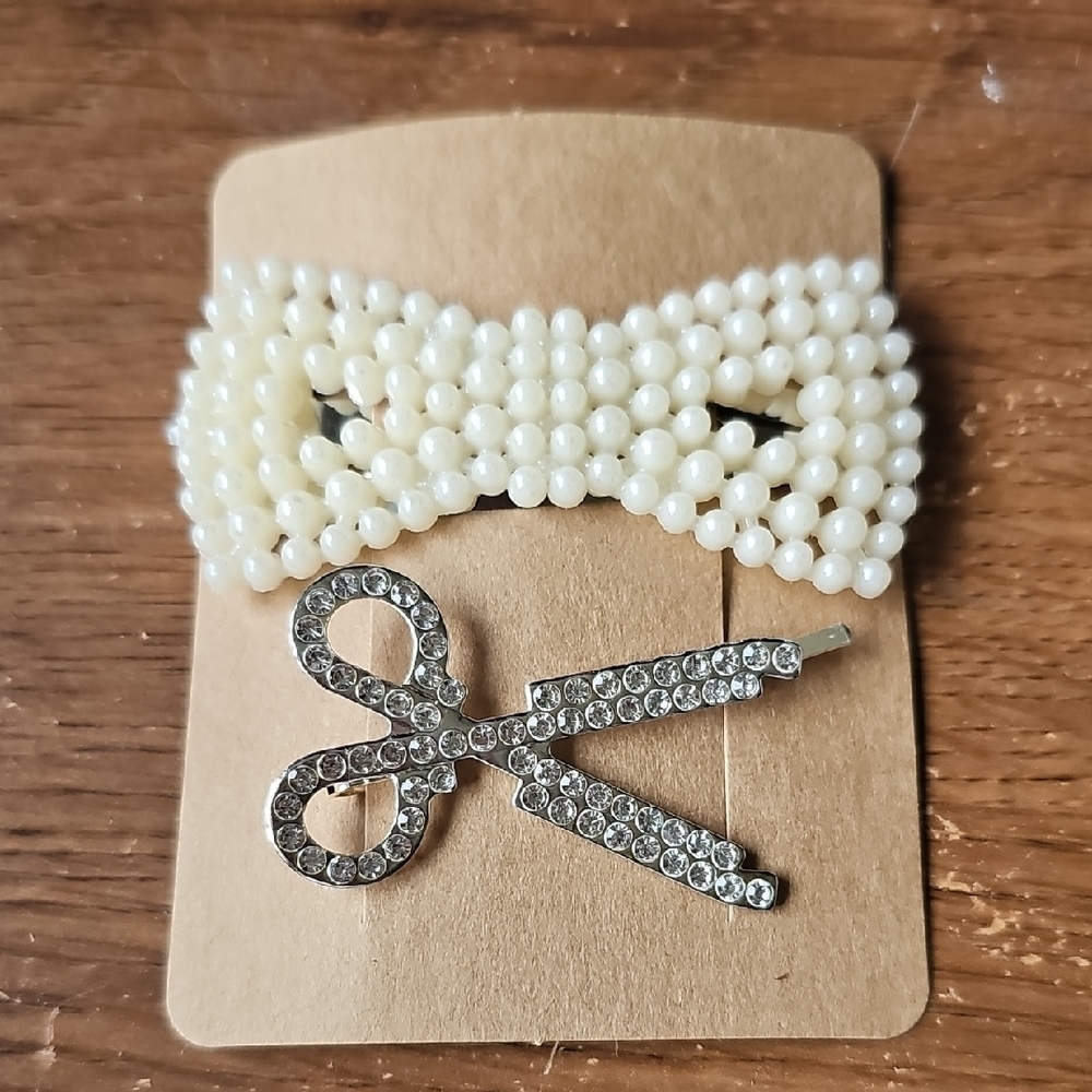 New Pearl Bow Hair Clip and Rhinestone Scissors Bobby Pin Hair Clip